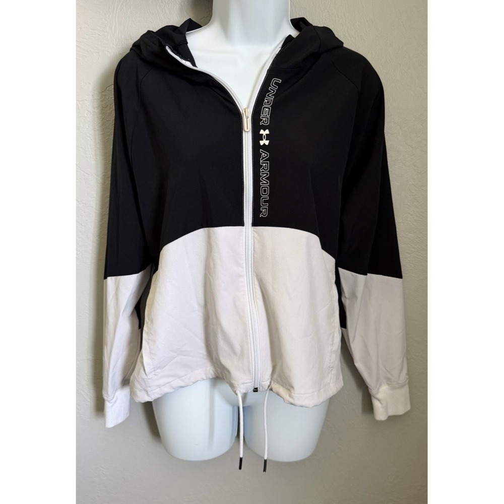 Under Armour Woven Jacket Womens Size XS Black White UA Full Zip Hooded Athletic